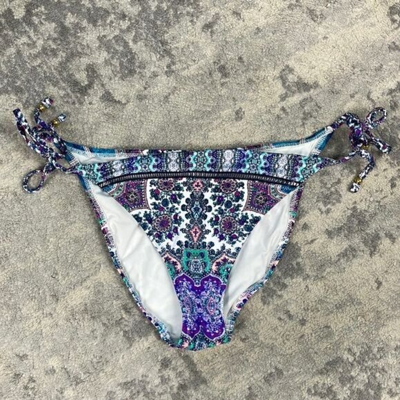 New Nanette Lepore Paros Bikini Bottom Side Ties Damask Print Blue Purple Sz L - Picture 3 of 10